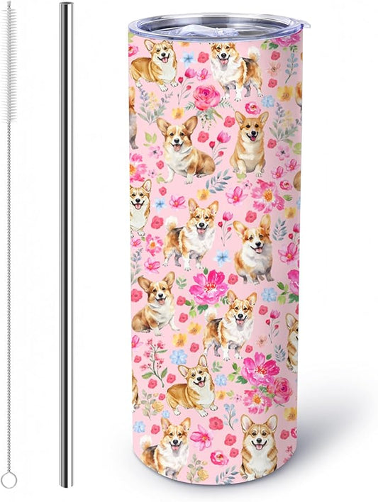 Yogusut Corgi Gifts for Women, 20oz Stainless Steel Insulated Tumbler Travel Mug Cup with Lid Straw Brush, Gifts for Dog Mom Dog Lover