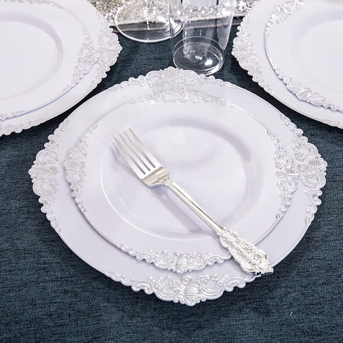 Hioasis 100pcs White Silver Plastic Plates for Party - 7.5" Dinner Plates Disposable, Heavy -duty, Classy and Elegant for New Year