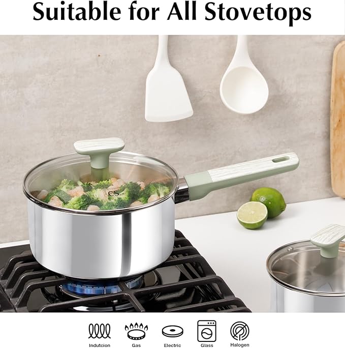 KOCH SYSTEME CS Stainless Steel Saucepan with Lid, 2QT Stainless Steel Pot with Stay-Cool Handle, 2 Quart Small Cooking Pot, Non-toxic Sauce Pan, Induction Compatible Pot, Dishwasher Safe