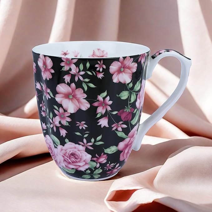 14oz Bone China Coffee Mugs for Women Floral Coffee Mug Tea Cups Novetly Coffee Cups Gift for Women Mom Friends