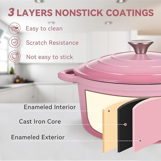Miereirl 6 Quart Enameled Dutch Oven Pot with Lid, Cast Iron Dutch Oven with Dual Handles for Bread Baking, Cooking, Non-stick Enamel Coated Cookware, Pink
