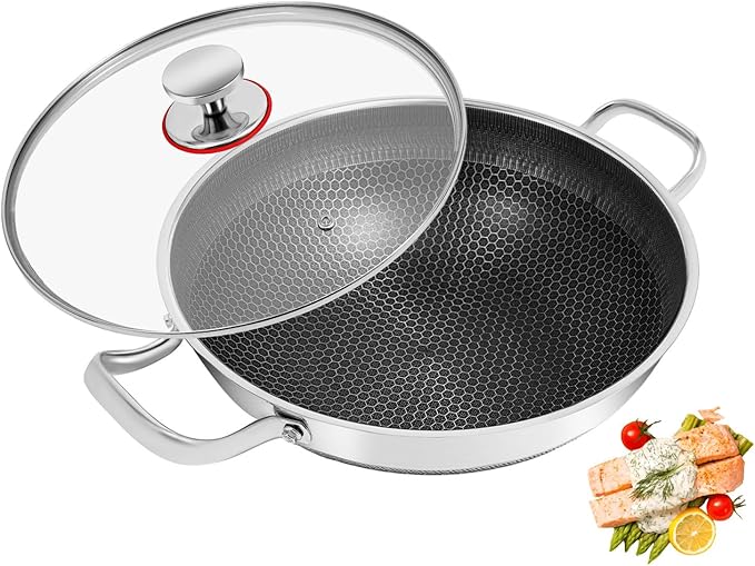 12 inch Frying Pan Nonstick with Lid Stainless Steel PFOA Free Cookware Dishwasher Induction Oven Broiler Safe, Non Stick Stainless Steel Skillets Compatible with All Cooktops