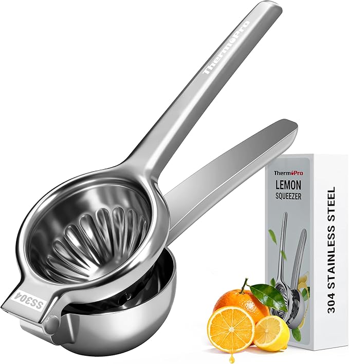 ThermoPro Lemon Lime Squeezer, 304 Stainless Steel Hand Press Citrus Juicer with Grooved Bowl & 8 Filter Holes, Heavy-Duty Hinged Handle, High Juice Yield, Easy to Use & Dishwasher Safe