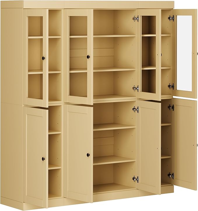 Palace Imports 100% Solid Wood Kitchen China Pantry Cabinet, 65" W - 4 Clear Glass & 4 Shaker Doors, Renewable Eco-Friendly Wood, Made in Brazil (Yellow, 8 China/Shaker Doors | NO Drawers)