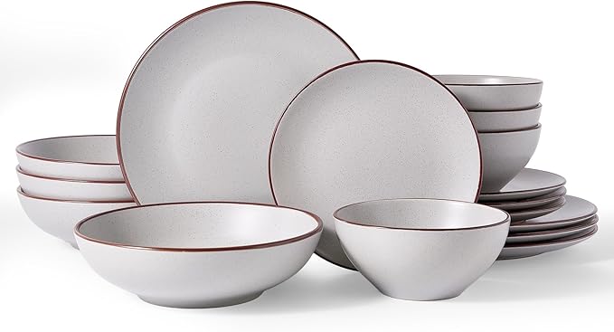 Famiware Venus Speckled Dinnerware Set with Pasta Bowls, Service for 6 (24 Pieces), Stoneware Plates and Double Bowls Sets, Microwave & Dishwasher-Safe Dishes with Trim, Matte Light Grey