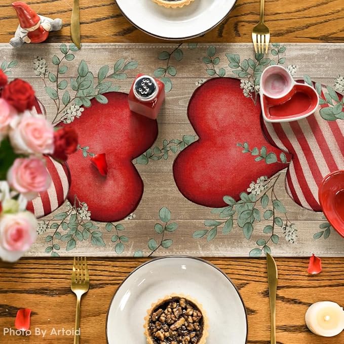 Artoid Mode Wood Eucalyptus Hearts Valentine's Table Runner, Anniversary HoliKitchen Dining Table Decoration for Home Party Decor 13x36 Inch