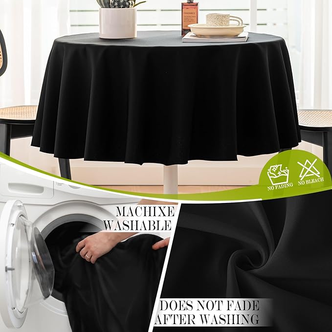 BYDOLL Table Cloth 70 Inch Round Tablecloth Fits Max60 Inch Diameter Table Top,Black Polyester Washable Wrinkle-Free Spillproof Tablecloth for Party Patio Cover