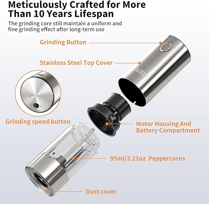 Rechargeable Salt and Pepper Grinder Mill, Electric Salt and Pepper Grinder set with Adjustable Grinding Speed, Automatic, Refillable, Stainless Steel Pepper Mill for Kitchen, Dining, Gifts (2 Pack)
