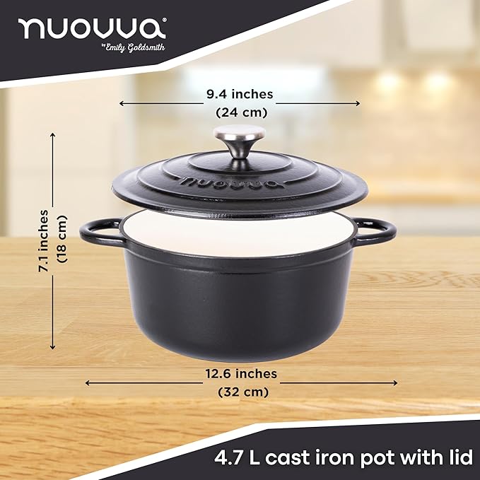 Cast Iron Pot with Lid ??Non-Stick Ovenproof Enamelled Casserole Pot, Oven Safe up to 500째 F ??Sturdy Dutch Oven Cookware ??Black, 5-Quart, 24cm ??by Nuovva