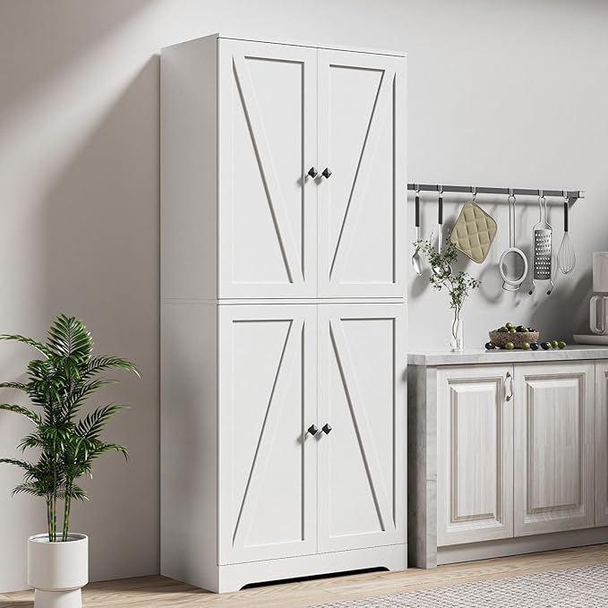 LYNSOM Farmhouse Storage Cabinet with Doors Set of 2, Kitchen Pantry Cabinet with 4 Barn Door and Adjustable Shelves, White Storage Cabinets for Kitchen, White