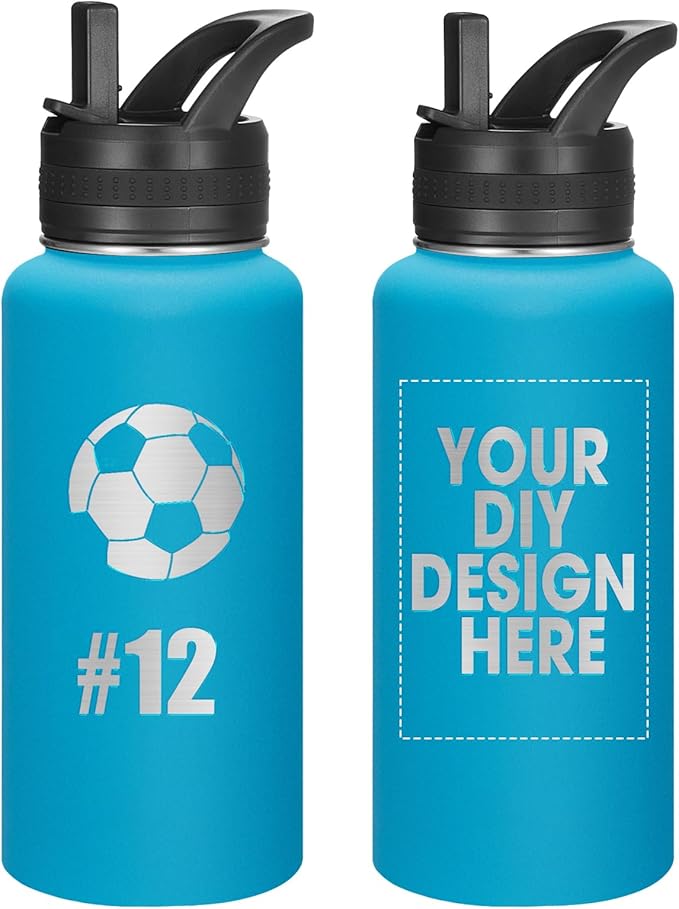 Personalized Laser Engraving Custom Water Bottle Print in USA 32oz Double Wall Stainless Steel Leakproof Wide Mouth Cup with Flip Straw