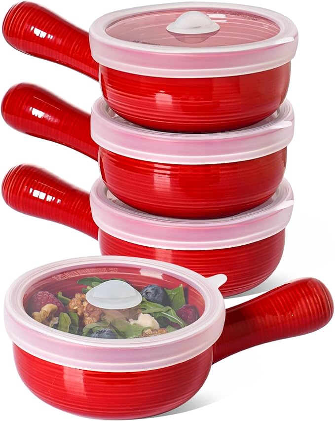 LE TAUCI Soup Bowls with Silicone Lids and Handles, 15 Oz French Onion Soup Bowls, Non-Toxic Ceramic Soup Crocks for Noodles, Stew, Cereal and Chilli, Oven Microwave Dishwasher Safe, Set of 4, Red