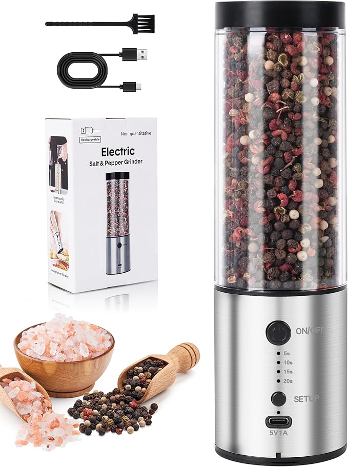 Electric Salt and Pepper Grinder Set, 1-Pack 240ML Capacity, USB-C Rechargeable 4-Timing Settings, Automatic Salt and Pepper Shakers, One-Handed Operation, Birthday Gifts for Women Mom