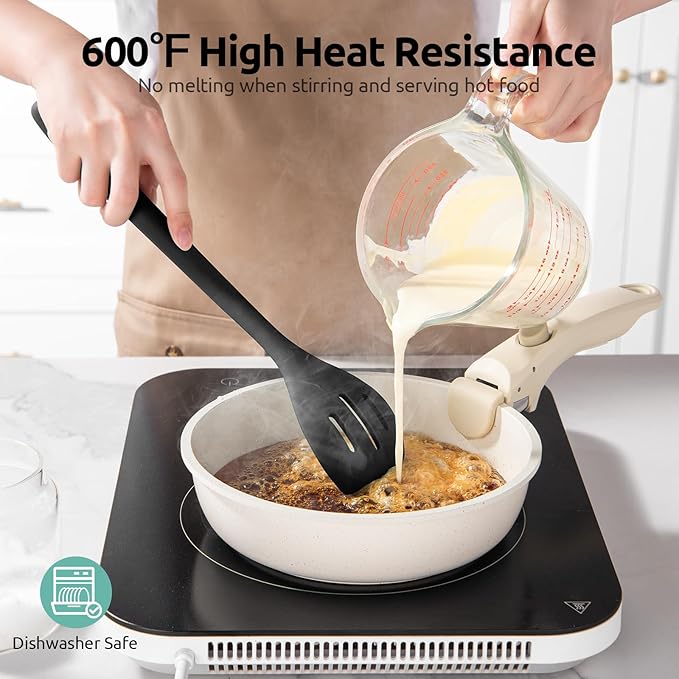 600쨘F Heat Resistant Silicone Spoons: U-Taste 13.3in Solid & Slotted Kitchen Cooking Spoon, Nonstick Long Rubber Utensil, Sturdy for Mixing, Serving, Stirring, Frying, Draining (Black, 2PCS)