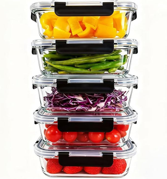 Glass Food Storage Containers Set of 5, Airtight Glass Meal Prep Containers, BPA-Free Lunch Containers for Microwave, Oven, Freezer & Dishwasher Safe（35oz）
