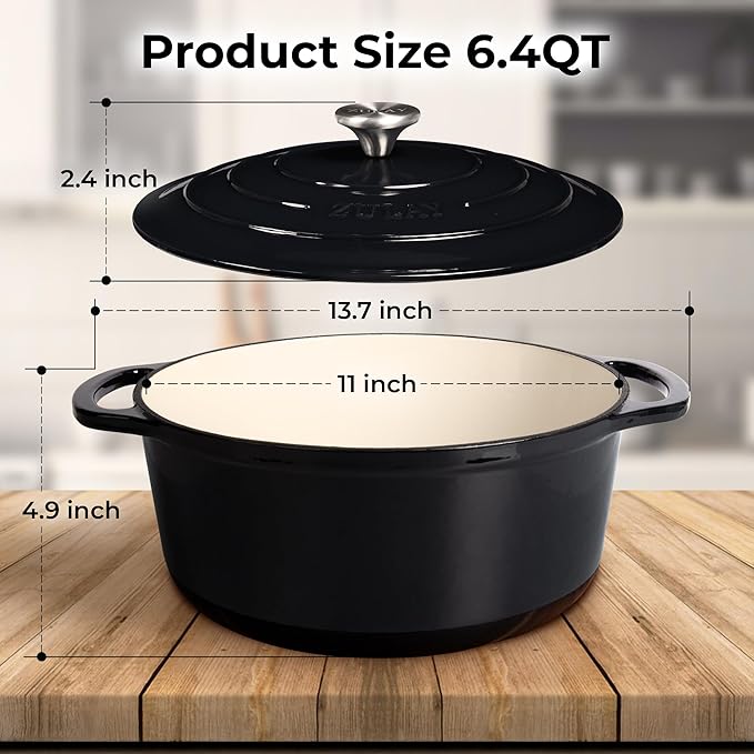Zulay Kitchen 6 Quart Enameled Cast Iron Dutch Oven Pot with Lid ??Premium Durability & Oven Safe up to 500째F ??Heavy Duty Cookware Perfect for Bread Baking, Stews, Braising & Roasting ??Black