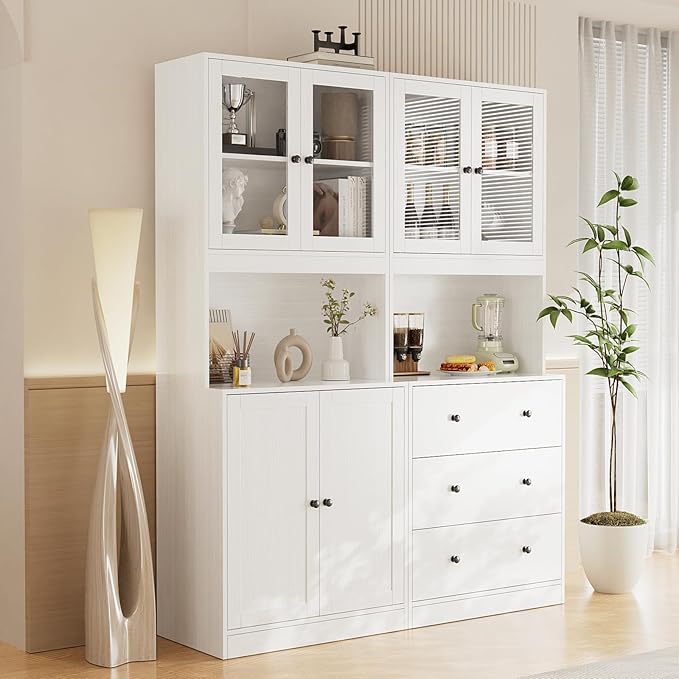 VOWNER 3PCS Bookshelf and Bookcase, 5-Tier Modern Bookshelves with 3 Large Drawer, Glass Display Cabinet with Lager Storage Shelf, Combination Storage Shelves for Home Office, White (BAB)