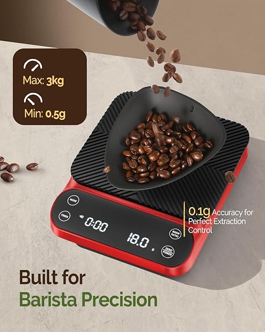 Maestri House S3 Coffee Scale with Timer, 3kg/0.1g Rechargeable Digital Scale, 3 Brew Modes, Adjustable Ratios & Flow Rate Display, Barista-Grade for Pour-Over, Espresso, French Press ??Red