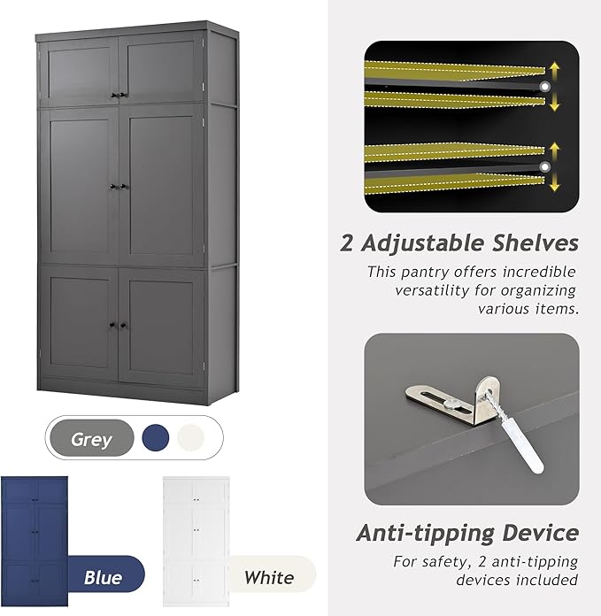 Ball & Cast 80?쿟all Freestanding Kitchen Pantry Cabinet with 2 Power Outlets & 3 Large Drawers,41" W Versatile Farmhouse Pantry Storage Cabinet w/Adjustable Shelves and Door Shelves,for Kitchen,Gray