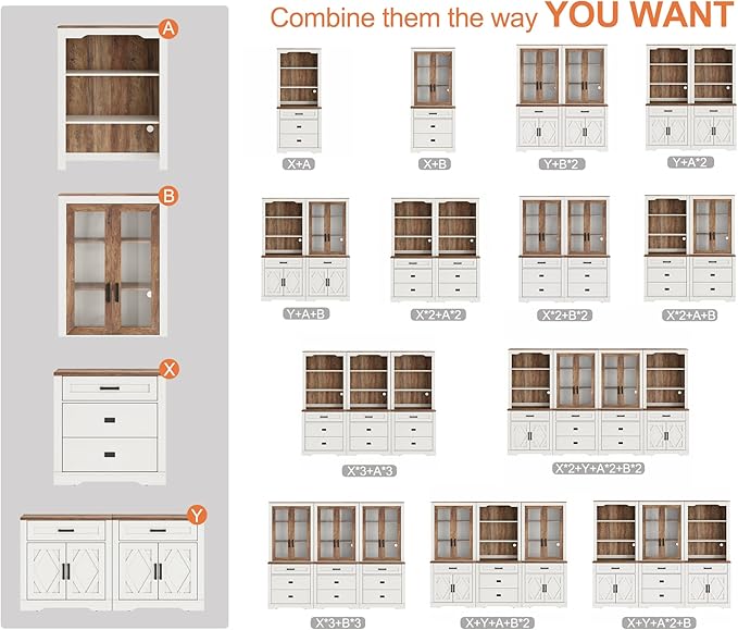 WAMPAT 2 Column 3 Tier Pantry Cabinet with Drawer,73.3" Tall Floor Standing Cupboard,Modern Farmhouse Kitchen Buffet with Adjustable Shelves and Glass Door for Dining Room,Living Room,White Oak
