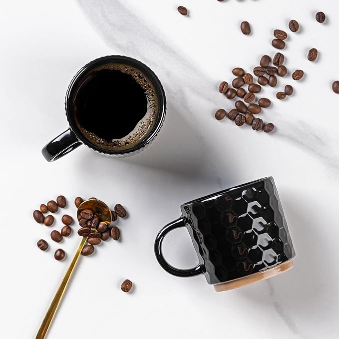 GBhome 6OZ Stackable Coffee Mugs, Ceramic Coffee Mugs with Texture Patterns for Man,Woman,Dad,Mom, Modern Coffee Cups Set of 4 for Espresso/Cappuccino/Cocoa. Dishwasher&Microwave Safe, Black