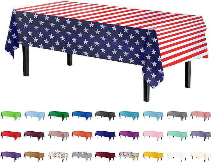 Party Solids Pack Of 6 Premium Rectangle American Flag Design Plastic Tablecloth - USA Stars and Stripes Tablecloth Disposable Plastic Table Cover for July 4th - 54 inch. x 108 inch
