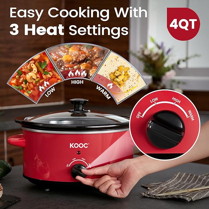 KOOC 4-Quart Slow Cooker, 3 Cooking Settings, Dishwasher Safe Ceramic Crock, Lid, Free Pot Liners Included, RED, Ellipse Pot