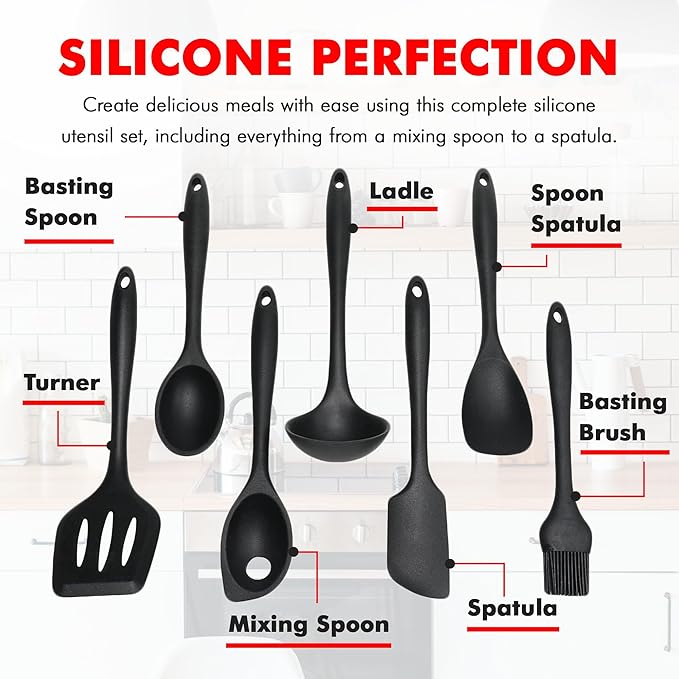 Chef Craft - Premium Silicone Kitchen Tools and Utensils Set, Non-Scratch, Withstands Temperatures up to 450째F, BPA-Free, 7 Piece Cooking Utensils Set, Black
