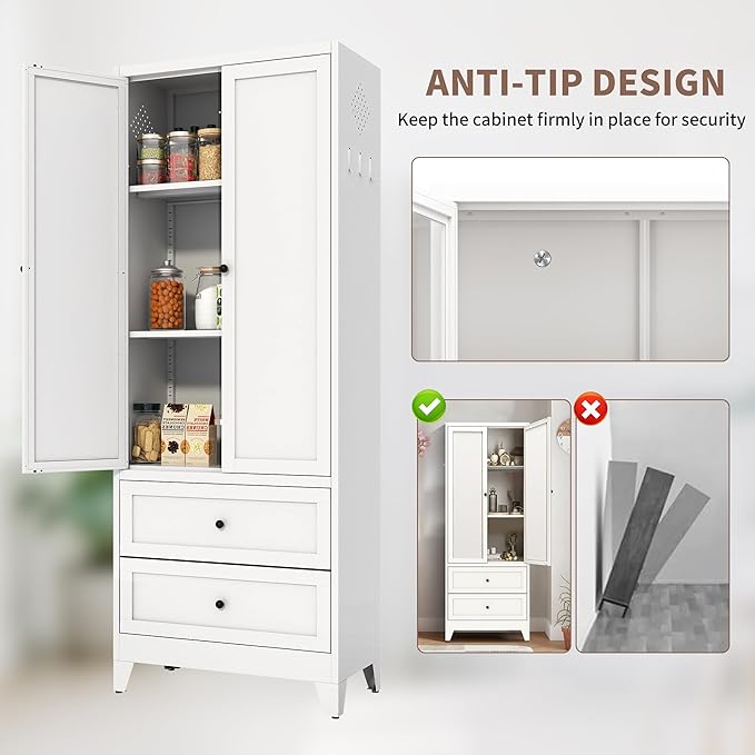 Kitchen Pantry Storage Cabinets with Drawers, 72" Tall Kitchen Cupboard Metal Pantry Cabinet with Adjustable Shelves, for Home Office Living Dining Room, Assembly Required(White)