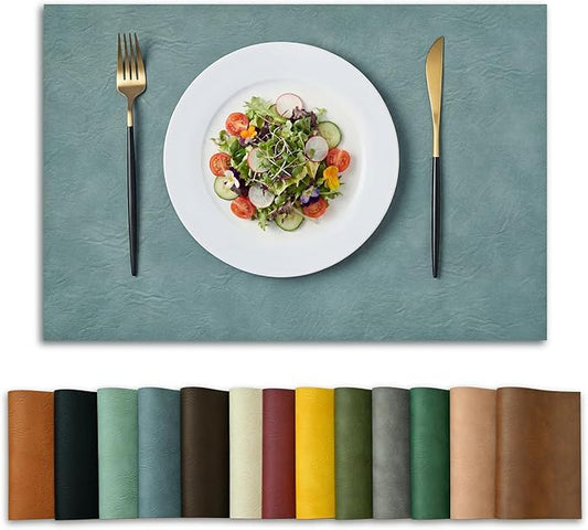Artoid Mode Blue Faux Leather Placemats Set of 6, 12x18 Inch Waterproof Wipeable Heat Resistant Place Mats, Reversible Table Mats for Winter Kitchen Dining Decor