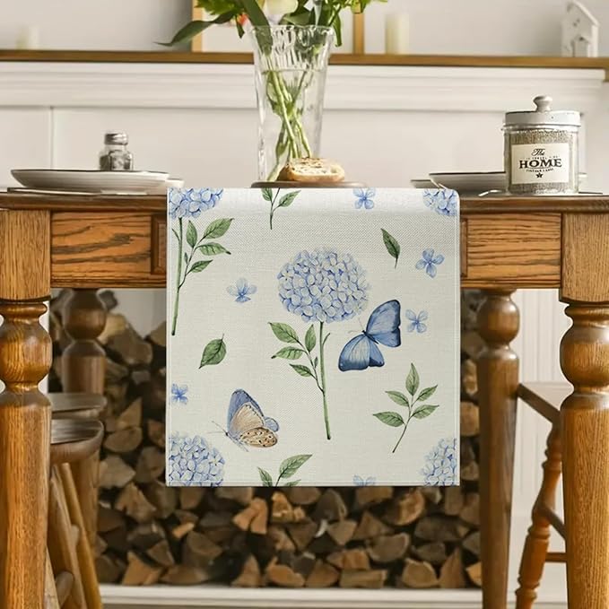 ZCHOMI Hydrangea Butterfly Table Runner 13x72 Inch Summer Flowers Spring Kitchen Dinning Table Decoration for Indoor Outdoor Home Party D챕cor