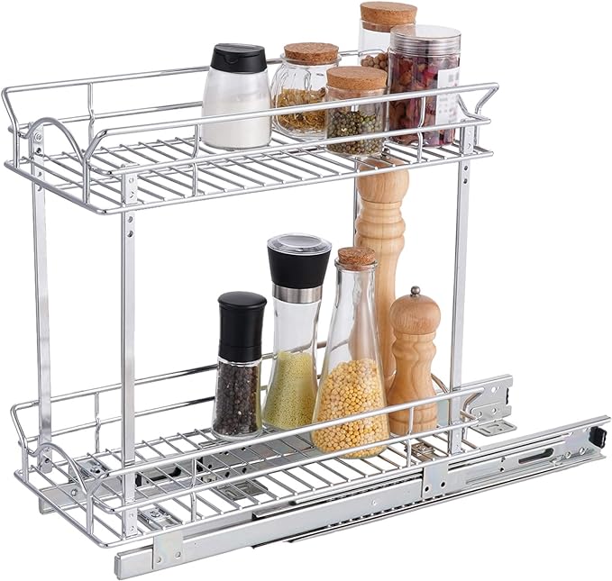 OCG Slide Out Cabinet Organizer for Narrow Cabinet (9" W X 21" D), 2 Tier Pull Out Shelves Slim Sliding Cabinet Organizer and Storage, Chrome