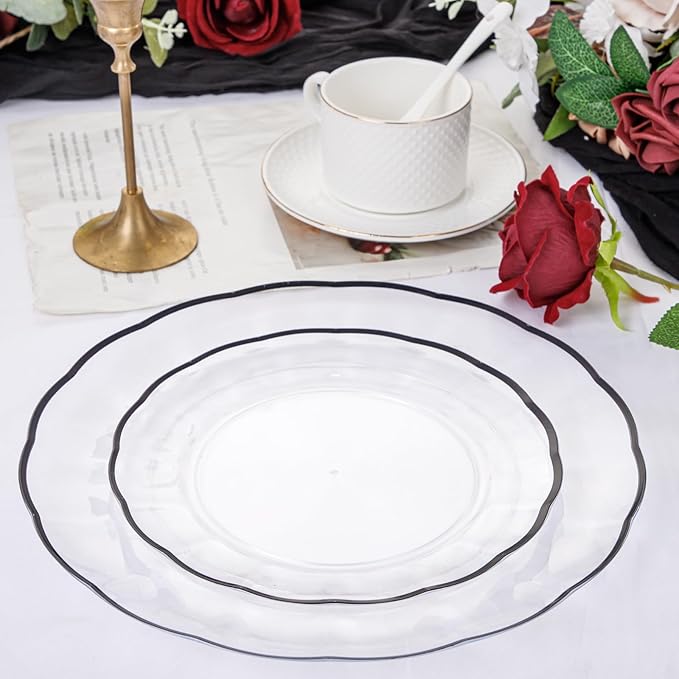 EI 150pcs Clear and Black Plastic Plates Dinnerware Disposable Party Set for 30Guests,Dinnerware Include 60 Clear Plates Disposable 90 Black Silverware,Perfect for Party,Business Events,Hotel