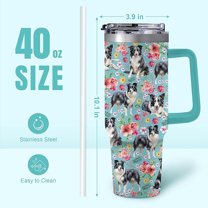 Yogusut Border Collie Gifts for Women, 40oz Stainless Steel Insulated Tumbler Travel Mug Cup with Handle Straw, Gifts for Dog Mom Dog Lover