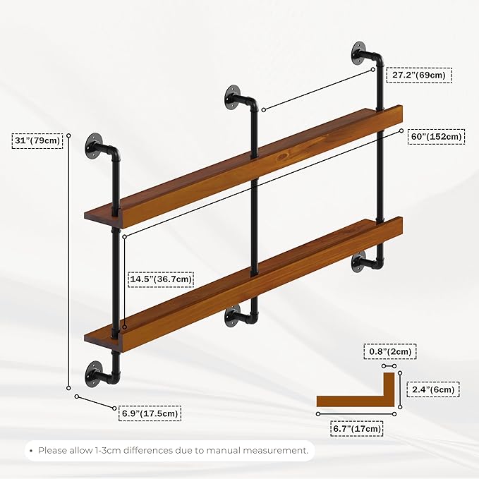 Industrial Wine Rack Wall Mounted, Solid Wood Shelf with Metal Pipe Brackets, 2-Tier Rustic Hanging Organizer for Wine Bottle Storage in Kitchen, Bar, Pub, Cellar(Walnut Brown, 60 Inch)