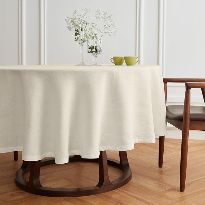 Solino Home Linen Round Tablecloth 70 Inch - 100% Pure Linen Ivory Round Tablecloth - Machine Washable Table Cloth for Spring, Easter - Sonoma