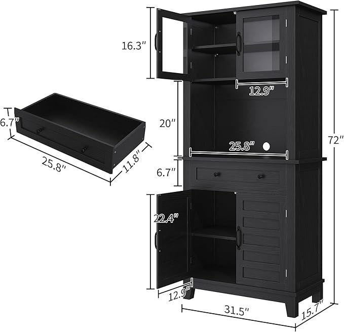 Elegant Black Modern Wood Pantry Coffee Cabinet with Ample Storage, Spacious 72" Tall Kitchen Bar Cabinet Hutch Featuring 4 Stylish Glass Doors & 1 Smooth Drawer, Versatile Stand-Alone Food Pantry