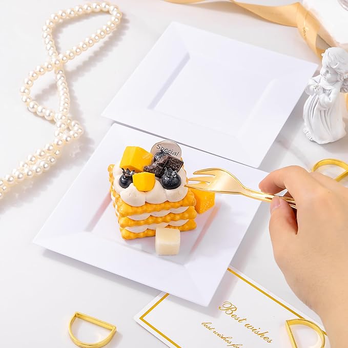 supernal 200Pcs White Dessert Plates 6" with Gold Plastic Forks 5.7",White Disposable Square Plates for 100 Guests, Including 100 Plastic Appetizer Plates and 100 Dessert Forks for Party