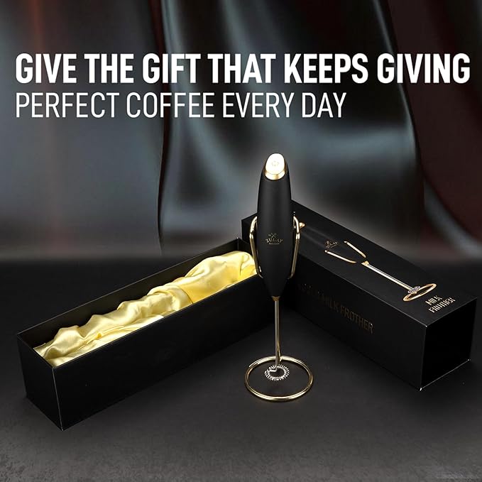 Zulay Kitchen Executive Series Luxury Gift Milk Frother with 4 Duracell Batteries ??Handheld Electric Foam Maker for Coffee, Lattes & Hot Chocolate ??Deluxe Finish, Ultimate Gift for Coffee Lovers