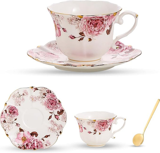 TATSUMI Country Roses Bone China Tea Cup and Saucer Set, 3 Pieces, Vintage Style, For Women and Tea Parties (Chocolate Red, 1 set)