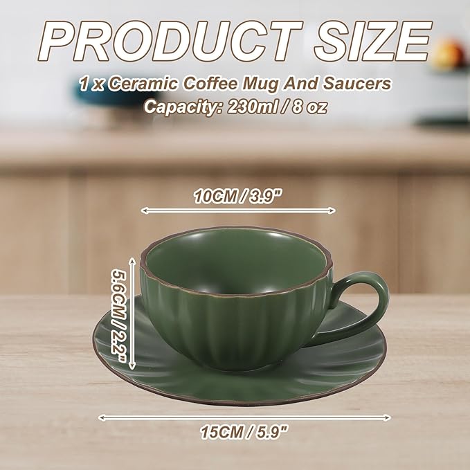 uxcell Handmade Vintage Espresso Cups, 8 oz Coffee Cups and Saucers Ceramic Tea Cup with Handle Dishwasher and Microwave Safe for Latte Cappuccino Milk Office Home Gifts, Dark Green