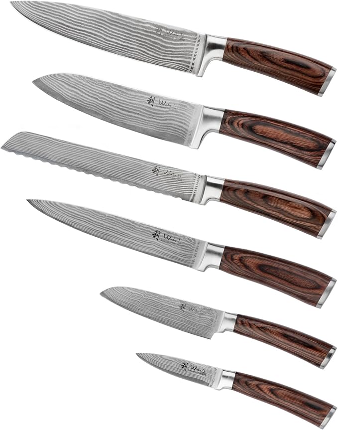 Wakoli EDIB 6-Piece Damascus Knife Block Set ??Professional Kitchen Knives with Magnetic Acacia Block ??Kitchen Knife Set made of 67-Layer Damascus Steel Blades & Ergonomic Pakkawood Handles