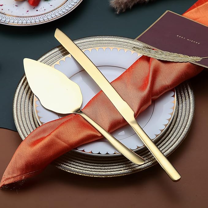 Gold Wedding Cake Knife and Server Set, Stainless Steel Cake Cutting Set, Include Cake Cutter and Cake Server for Parties, Activities, Family, Dishwasher Safe (Shiny Gold)