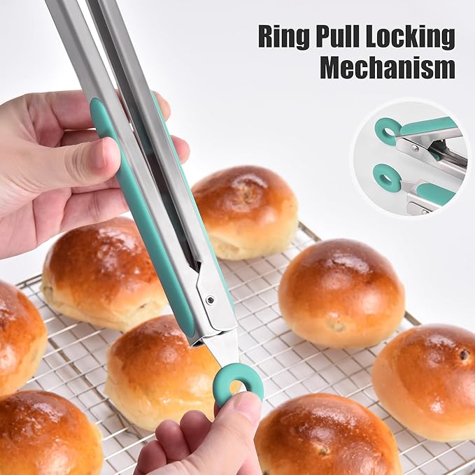 Doosu Kitchen Tongs for Cooking - 600째F Heat Resistant Food Tong with Non-Scratch Silicone Tips, Heavy Duty Stainless Steel Locking Tong for BBQ, Grilling Steak, Serving Salad, Pasta (16in, Aqua Sky)