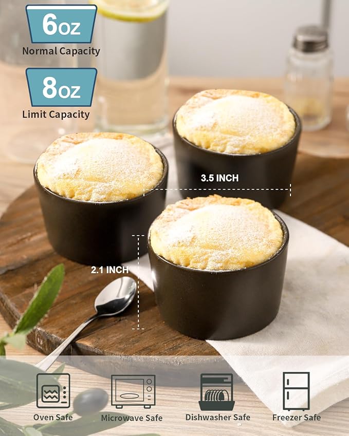 Tikooere Ramekins 6 oz, Oven Safe Souffl챕 Dishes for Creme Brulee, Souffle, Pudding, Lava Cake, Stoneware Custard Ramikens for Baking, Ceramic Sauce Bowls Set of 6, Kitchen Decor Gift, Matte Black