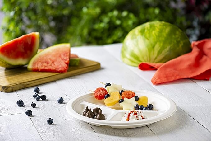 GUSTO [10 Inch 3 Compartment Compostable Paper Plates - 125 Pack White Heavy-Duty Divided Disposable Biodegradable Plates (Formerly Comfy Package)