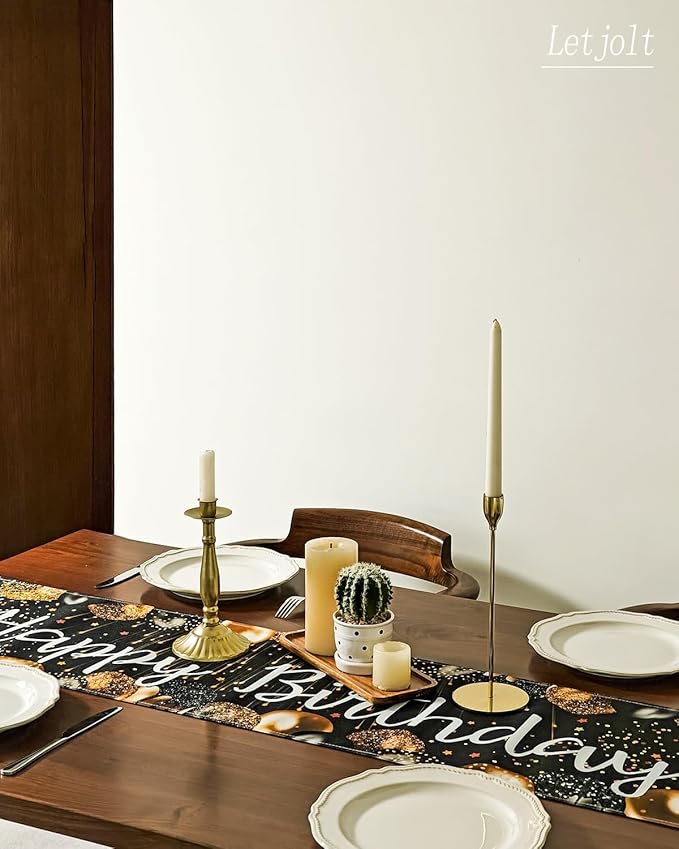 Happy Birthday Table Runner 1920s Birthday Party Decorations Black and Golden Birth Party Sign Vintage Style