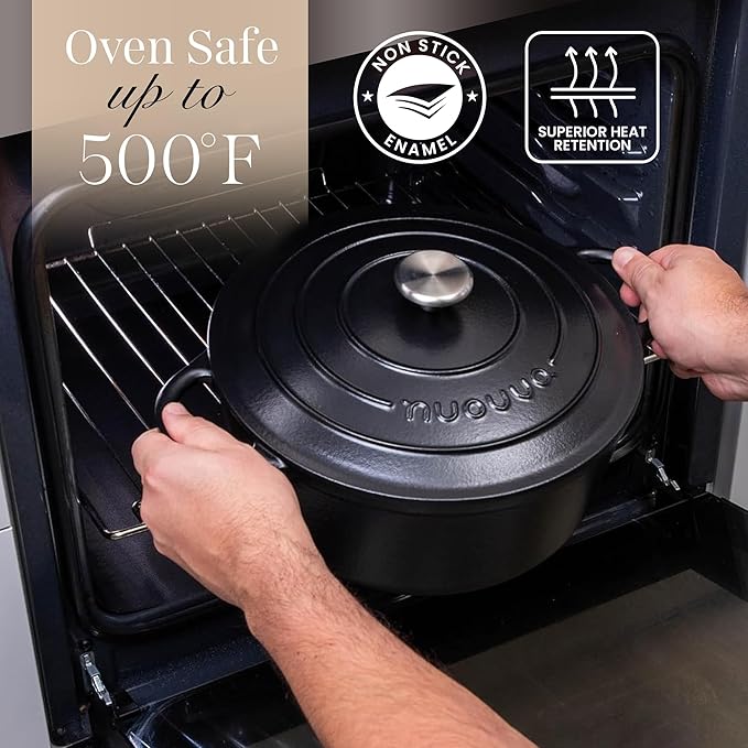 Nuovva Enamelled Cast Iron Dutch Oven Pot with Lid ??6.4 Quart Non Stick Casserole Pot ??Heavy Duty & Oven Safe up to 500째 F for Bread Baking, Braising, Stews, Roasting ??28cm Black