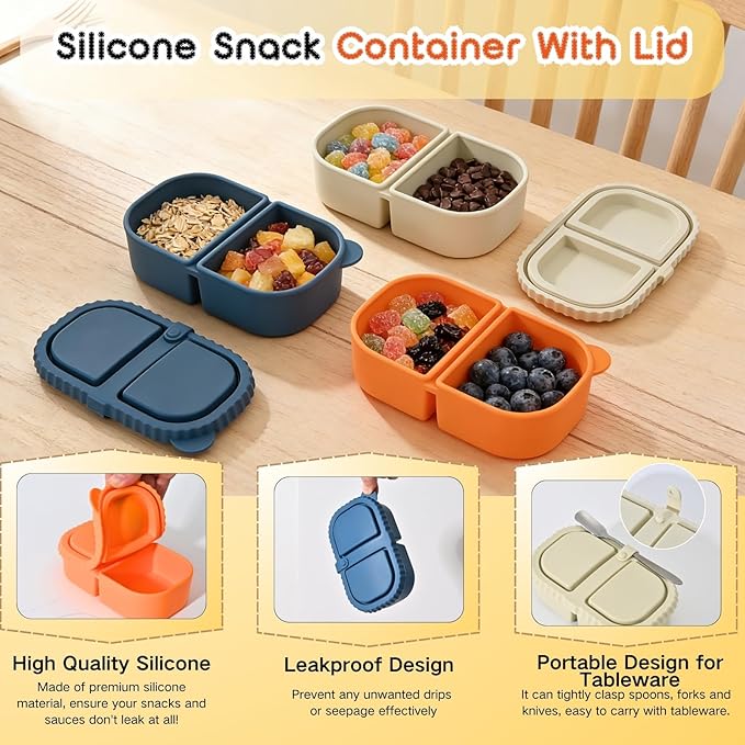 3 Reusable Silicone Food Containers (2 Compartments): Leak Proof, Microwave/Dishwasher Safe. Very Suitable For Snacking, Dipping Sauce, Cooking, Outdoor, Office or Home Use