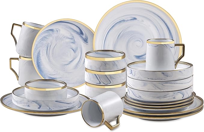 20 Piece Plates and Bowls Sets, Fine China Artisan Marbled Dinner Set for 4, Dishwahser Safe, Scratch Resistant, Blue with Gold Line